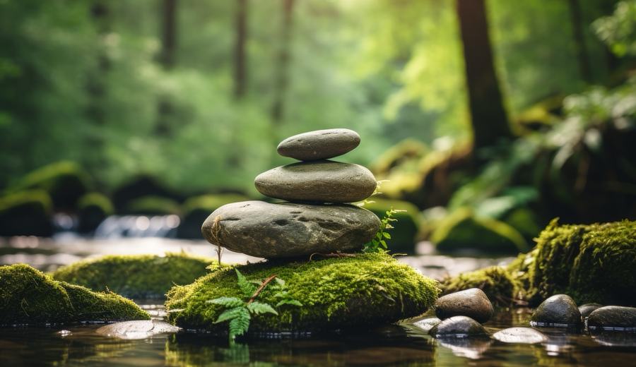 Balanced stones in a mossy stream